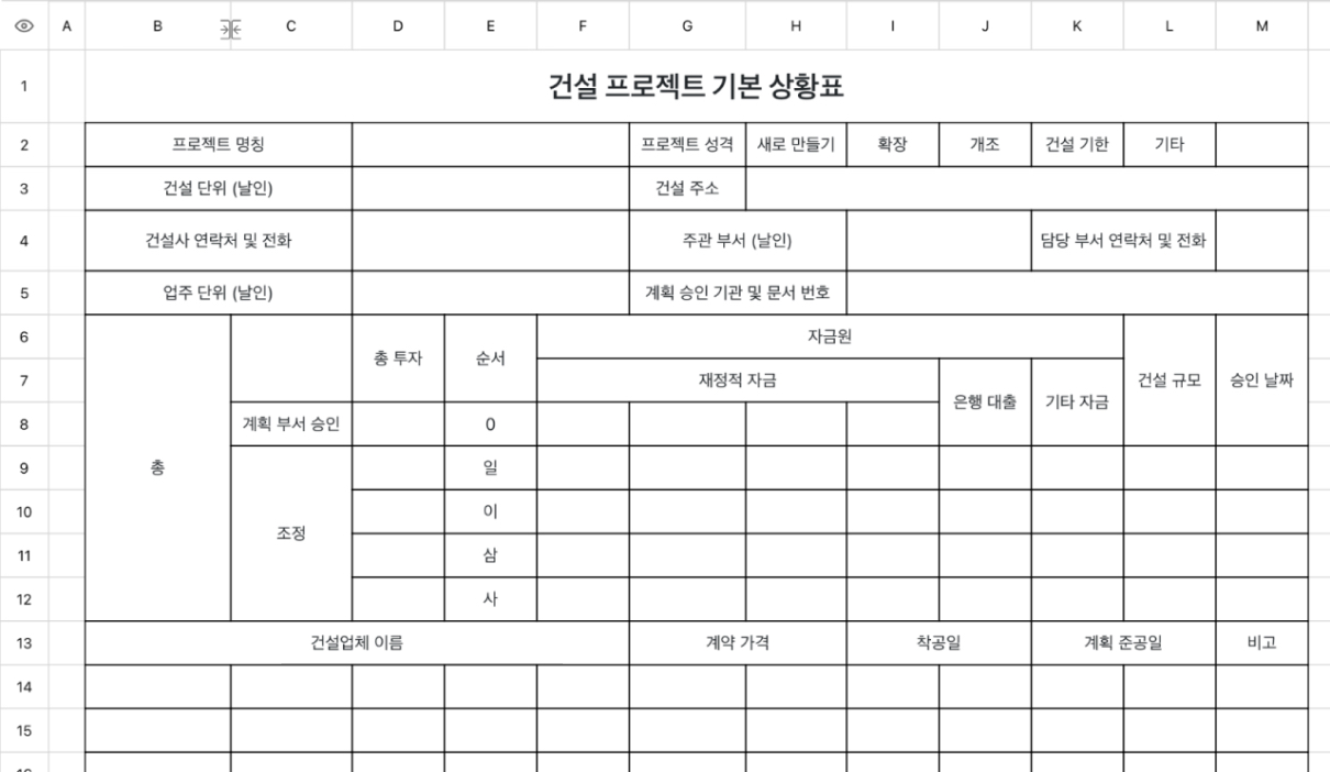 건설 프로젝트 기본 상황표